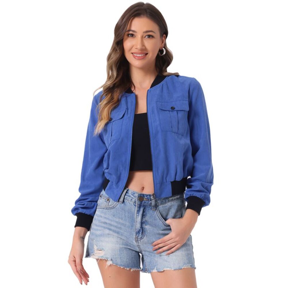 Zip Up Bomber Jackets Long Sleeves Motor Biker Coat Blue
